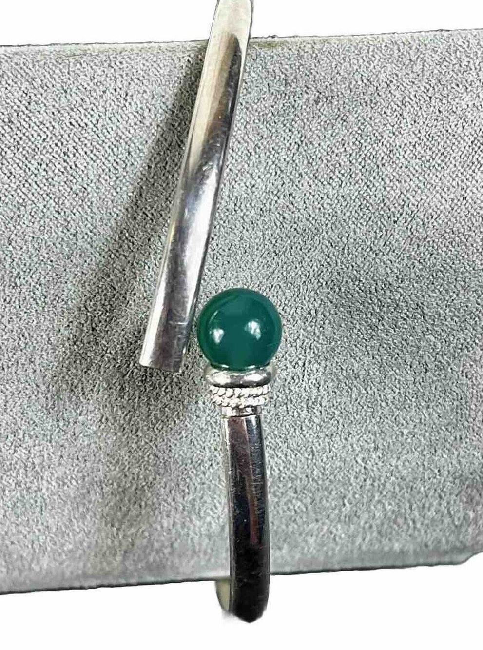 925 THAI Silver Vintage Bracelet Open Cuff w Green Onyx Unique Open Close Bangle